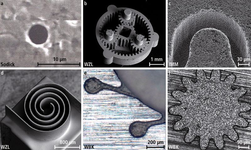 Bild 1: Beispiele für Mikrofunkenerosions-Bearbeitung: a Mikrobohrung mit einem Durchmesser von weniger als 15 µm, b mittels Drahterosion hergestelltes Planetenradgetriebe, c Beispiel für Mikrobahnerosion, d durch Mikrosenken mit Formelektrode hergestelltes Bauteil, e und f weitere Beispiele für Mikrobahnerosion (Archiv: Vogel Business Media)