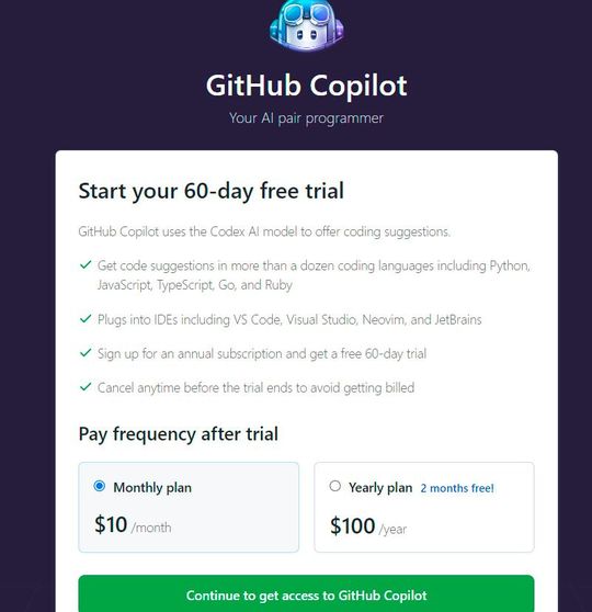 Nach der Anmeldung am eigenen GitHub-Konto kann der Dienst 60 Tage kostenlos getestet werden.(Bild:  Joos / GitHub)