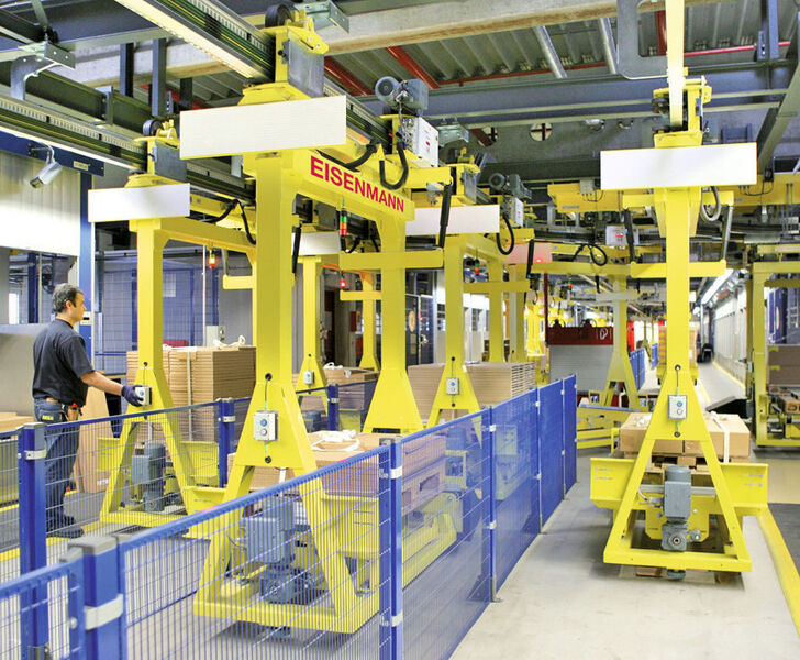 Im Ikea-Logistikzentrum versorgt eine rund 3500 m lange Elektrohängebahn mit 272 Fahrzeugen auch die 384 Kommissionierplätze. Bild: Eisenmann (Archiv: Vogel Business Media)
