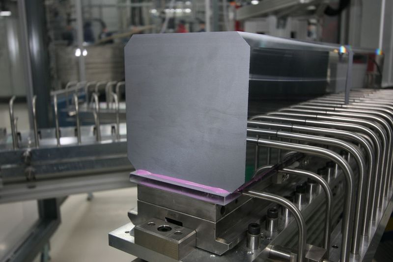 Bereit für die Sägen: Siliziumblöcke werden mit Robotern transportiert und auf einen Glasträger geklebt.  Bild: Conergy (Archiv: Vogel Business Media)