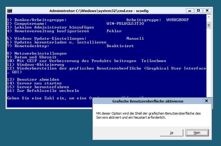 Microsoft empfiehlt, Windows Server 8 als Core-Server zu installieren, also ohne grafische Oberfläche (GUI). Es  ist aber möglich, eine Core-Installation nachträglich um die GUI zu erweitern. Dazu müssen Administratoren das Verwaltungsprogramm „sconfig“ auf dem Core-Server starten und den Menüpunkt „Wiederherstellen der grafischen Benutzeroberfläche“ auswählen. (Archiv: Vogel Business Media)