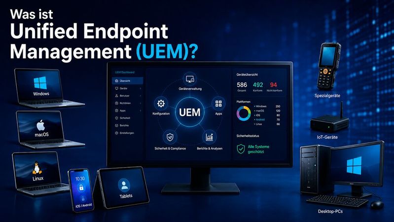 Unified Endpoint Management (UEM) ermöglicht die zentrale Verwaltung, Überwachung und Absicherung vieler unterschiedlicher Endgerätetypen.(Bild:  ChatGPT / KI-generiert)