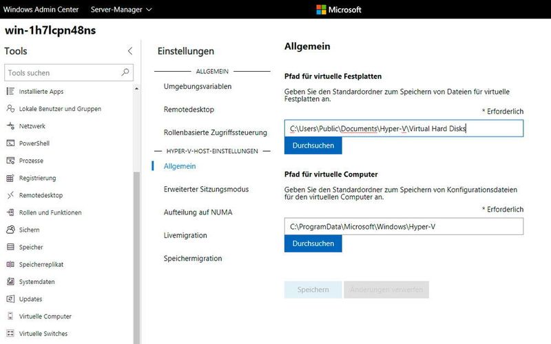 Im Windows Admin Center stehen einige Hyper-V-Einstellungen zur Verfügung, aber längst nicht alle. (Microsoft / Joos)