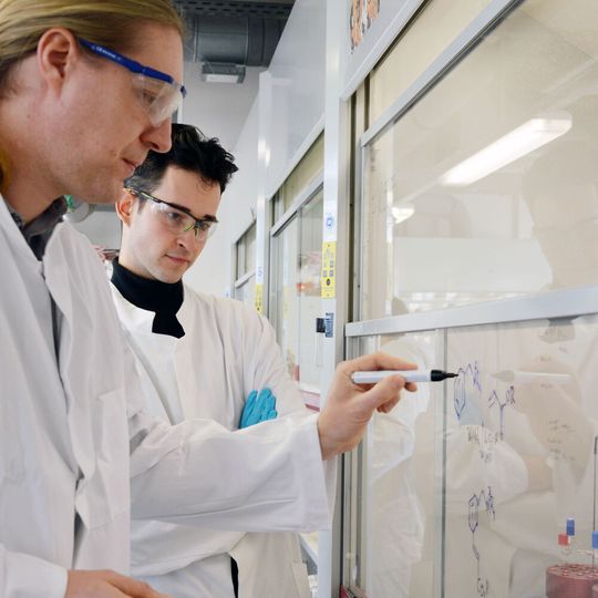Manuel van Gemmeren, Professor für Organische Chemie (l.), hat mit seinem Forschungsteam, darunter Doktorand Fritz Deufel (r.), eine Methode entwickelt, mit der sich bisher schwer zugängliche chemische Verbindungen leichter herstellen lassen. Manuel van Gemmeren, Professor für Organische Chemie (l.), hat mit seinem Forschungsteam, darunter Doktorand Fritz Deufel (r.), eine Methode entwickelt, mit der sich bisher schwer zugängliche chemische Verbindungen leichter herstellen lassen.