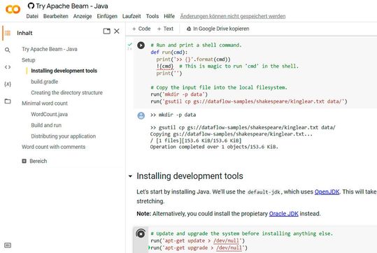 Die Möglichkeiten von Apache Beam lassen sich in Google Colab testen.(Bild:  T. Joos)