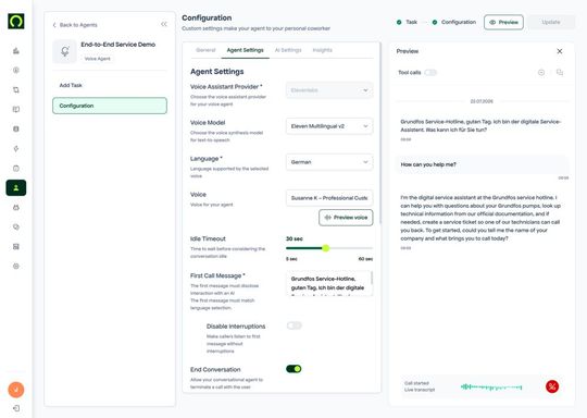 Die Sprachsynthese liefert Elevenlabs mit dem Modell Eleven Multilingual v2. Octonomys Beitrag liegt in der Anbindung an Dokumentation und Systeme, nicht in der Stimme selbst.(Bild:  Octonomy)