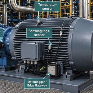 Sensorkonzept zur kontinuierlichen Zustandsüberwachung von industriellen Elektroantrieben mittels einer Schwingungs- und Temperaturmessung sowie einer lokalen Datenvorverarbeitung über ein Edge Gateway. (Bild: KI-generiert)