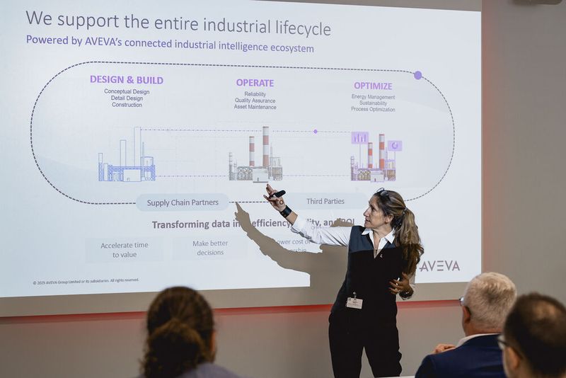 Markus Herrmann und Ileana Honigblum (im Bild) von Aveva zeigen, wie die Plattform „Connect“ Silodenken in der Prozessindustrie überwindet. Die Lösung ermöglicht kollaborative, datengestützte Arbeitsweisen über Fachbereiche hinweg und dient gleichzeitig als Basis für digitale Zwillinge und KI-Anwendungen. (Bild: Stefan Bausewein)