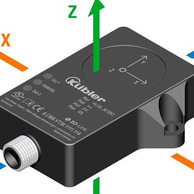 Mit der dreiachsigen Vibrationsmessung (X-. Y- und Z-Achse) und Temperaturerfassung liefert der Condition-Monitoring-Sensor CMSVT38 detaillierte Zustandsinformationen, die helfen, frühzeitig Maschinenschäden zu erkennen.  (Bild: Kübler)