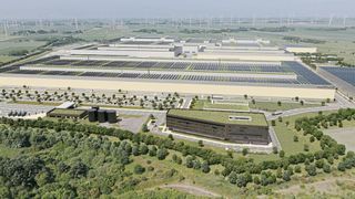 Trotz Sparprogamm geht der Bau der Northvolt-Batteriefabrik im schleswig-holsteinischen Heide weiter. Im Bild: Rendering des fertigen Werkes. (Bild: Northvolt)
