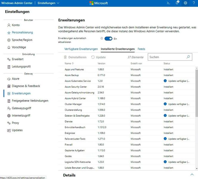 Die verschiedenen Erweiterungen im Windows Admin Center lassen sich auch für die Essentials Edition nutzen. (Microsoft / Joos)