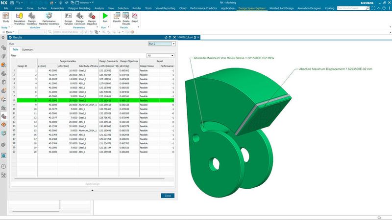 Dieselbe Technologie lässt sich für parametrisch gesteuerte Studien mithilfe des Design Space Explorer in NX nutzen. So könnten zielgerichtete Optimierungsstudien mit mehreren Parametern in einem Bruchteil der Zeit, die traditionell für solche Aktivitäten benötigt wird, definiert und gelöst werden. (Bild: Siemens Digital Industries Software)