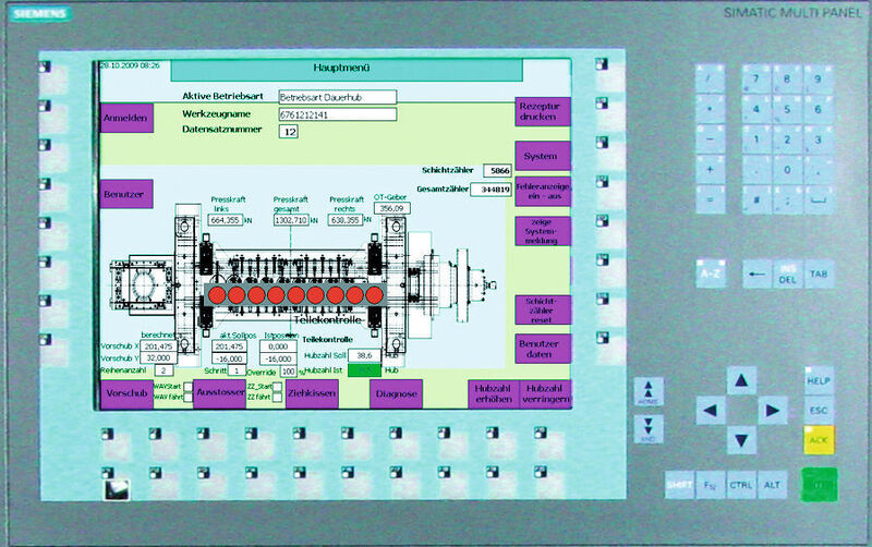 Mit Simatic WinCC flexible generiertes Startbild der umfangreichen Visualisierung für das komfortable Einrichten, Bedienen und Beobachten des Umformautomaten auf einem Simatic Multi Panel MP377 Key. (Archiv: Vogel Business Media)