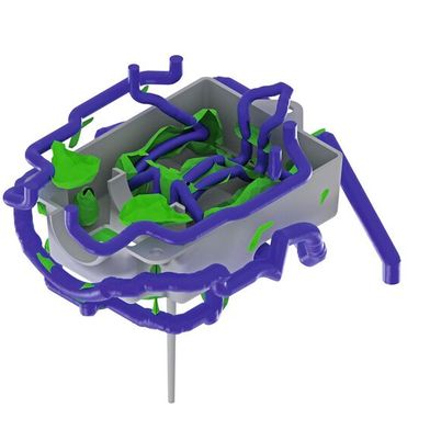 Automatically derived cooling channel layout (blue) approximating the iso-surfaces of the optimised heat balance (green). (Source: IKV)