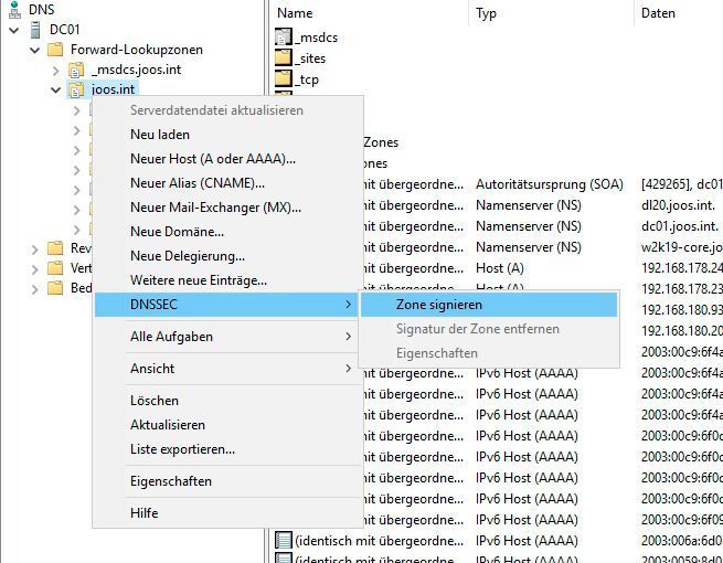 DNS-Zonen lassen sich relativ leicht, über die grafische Oberfläche digital signieren. (Joos)