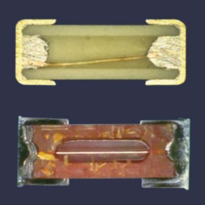 Bild 3. Vergleich der internen Strukturen herkömmlicher (oben) und AEM AirMatrix Wire-in-Air-Sicherungen (unten).   (AEM Components)