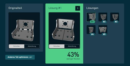 (Blechwinkel mit über 40 Prozent Optimierungspotenzial: Oben die Vorschläge für Konstruktionsvarianten, unten links das Bauteil wie ursprünglich geplant mit Stabilisierungsschweißnähten, rechts ohne Schweißen mit Entlastungsschnitt an der Rückwand. Bildquelle: Optimate GmbH)
