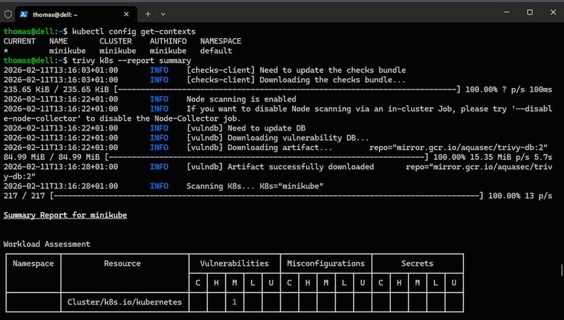 Zusammenfassung des Trivy Cluster Scans mit automatischem Download der Prüfregeln und Vulnerability Datenbank sowie Anzeige des Workload Assessment. (Bild: Joos)