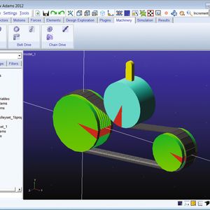 Das Belt-Modul untersucht das ebene, dynamische Verhalten von Zahnriemensystemen für zahlreiche Riemenarten wie etwa glatte Bänder, Poly-V-Riemen und trapezförmige Zahnriemen.