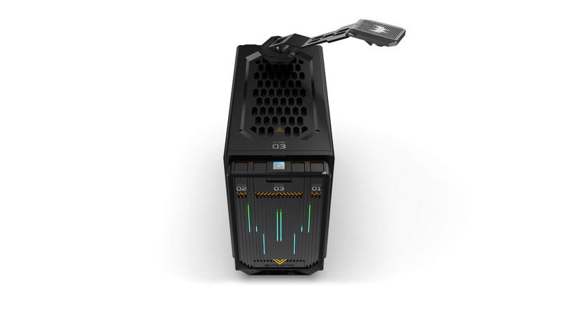 Auf der Oberseite des Rechners ist ein ausklappbarer Headset-Halter angebracht, der an einen Roboterarm erinnern soll. (Bild: Acer)