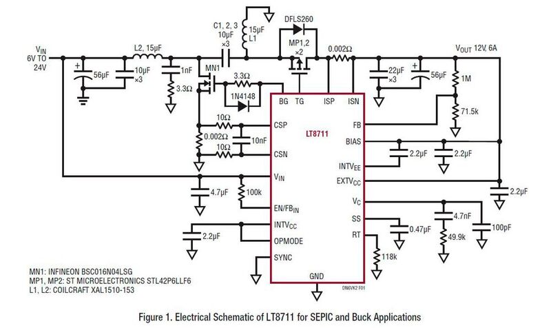 Bild 1: Beschaltung des LT8711 für SEPIC- und Buck-Anwendungen  (Bild: Analog Devices)