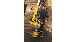 Die Kreise auf dem Foto markieren typische Einsatzbereiche für Sensoren an einem mobilen Kran: an den Abstützträgern, dem Hubzylinder oder dem Teleskopausleger. (© Kara/Fotolia.com [M] Heimerl)