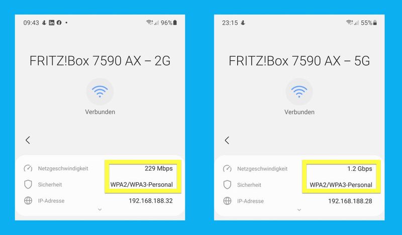 Abbildung 17: Links: Das Samsung Galaxy Note10+ hat sich im 2,4 GHz Band mit 229 Mbps Brutto an die Fritzbox 7590 AX verbunden. Im 5 GHz Band mit 1201 Mbps Brutto alias 1,2 Gbps Brutto. Nicht schlecht für ein so dünnes Handy. (Bild: Harald Karcher / Samsung / Google)