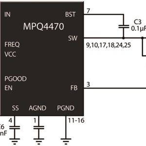 Bild 1, Beschaltung des MPQ4470: über R4 und C4 wird zusätzlich ein Ripple-Signal in das Rückkoppel-Netzwerk R1 und R2 eingespeist, um die Schaltfrequenz unabhängig vom ESR des Ausgangskondensators zu machen