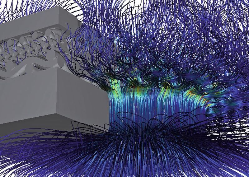 Bild 3: 3D-Simulation von Mehrlagengewebe mit reduzierter Anzahl der Strömungslinien. Dennoch ist die Darstellung im Vergleich zu bisherigen Systemen aussagekräftiger.  (Bild: GKD)