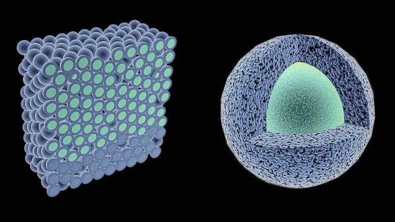 Gefriertrocknung von Maltodextrinpartikeln (dunkelblau = Zuckermatrix; türkis = Eis): Die radiale Trocknungsfront in den Partikeln verläuft von außen nach innen. Die planare Trocknungsfront verläuft von unten nach oben. (Bild: Wenzel Schürmann / TUM)