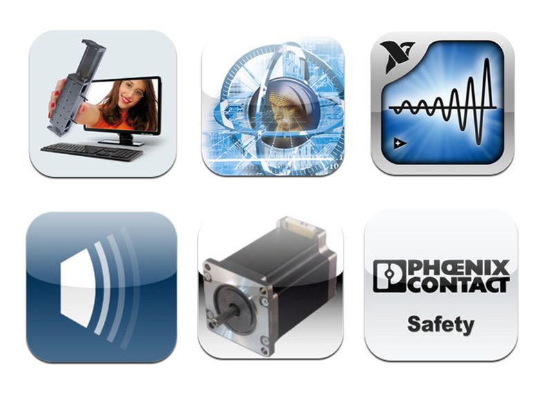 Die sechs Finalisten der Kategorie Technik-Apps: v.l. Part Community 3D CAD Modelle, Sphinx Open Online Viewer, Data Dashboard for Labview, Etend 7000, E-Drives und Phoenix Contact Safety. (Elektrotechnik)