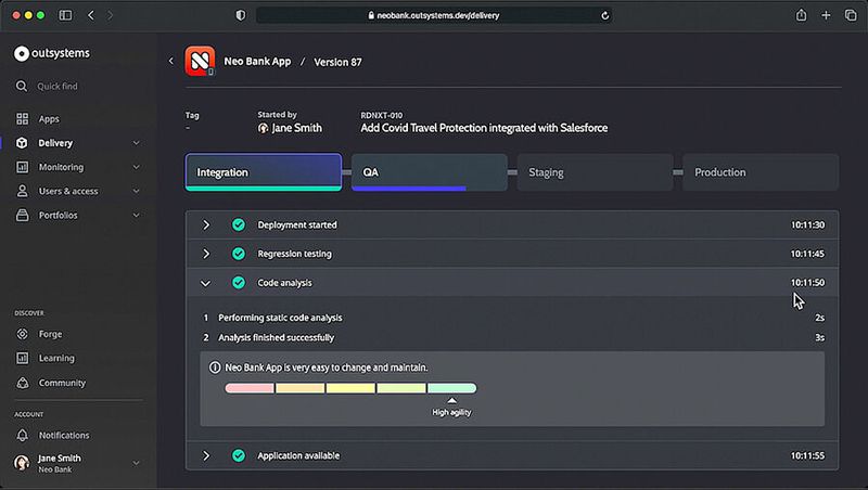 In „Project Neo“ ist der CI/CD-Zyklus automatisiert. Diese Bank-App liegt in der 87. Version vor.   (OutSystems)