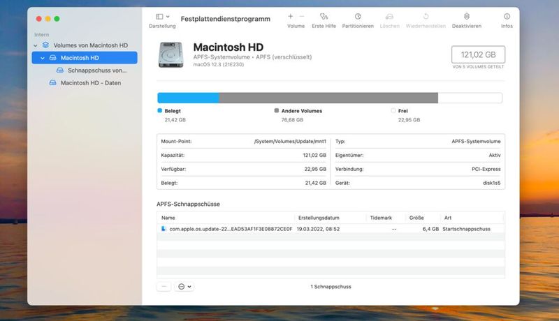 Time Machine speichert auch lokale Snapshots, die sich im Festplattendienstprogramm von macOS löschen lassen. (Bild: Joos (Screenshot))