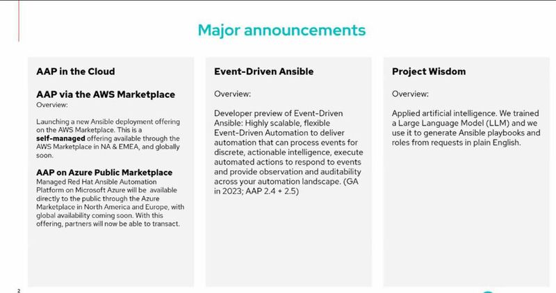 Abbildung 1: Diese drei Neuheiten kündigte Red Hat auf dem AnsibleFest im Oktober 2022 an.  (Bild: Red Hat / Matzer)