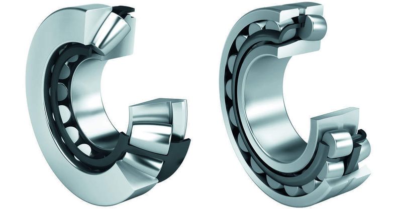 Die Pendelrollen- (rechts) und Axial-Pendelrollenlager (links) nehmen Lasten bis zu 60 Tonnen auf. Sie wurden wegen ihres geringen Reibungswiderstands sowie ihrer Fähigkeit, große Fluchtfehler auszugleichen, gewählt. (Archiv: Vogel Business Media)