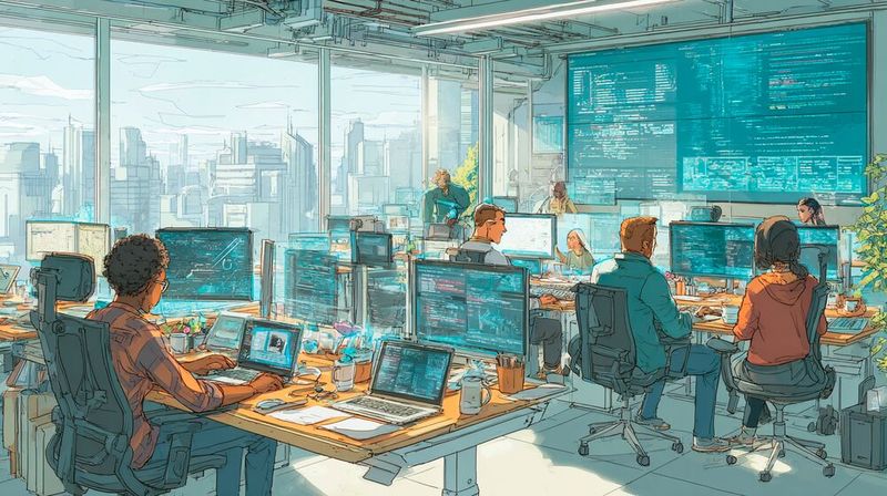 Mithilfe von Git können mehrere Entwickler gemeinsam am Quellcode eines Softwareprojekts arbeiten.(Bild:  Midjourney / KI-generiert)