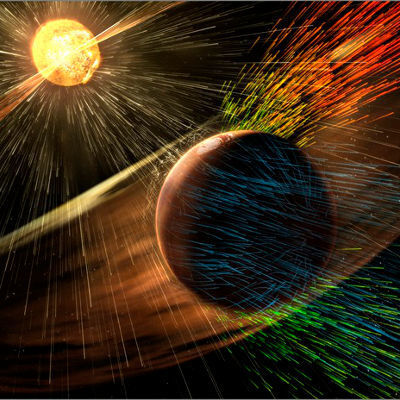 Atmosphärenverlust, Teil 2: ... während kräftiger Solarstürme erfährt der Mars allerdings einen dramatischen Anstieg an Atmosphäreverlust. (Bild: NASA/GSFC)