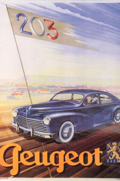Die Formenfindung für den Typ 203 erfolgte während des Zweiten Weltkriegs, hier eine Werbung von 1949. (Peugeot)