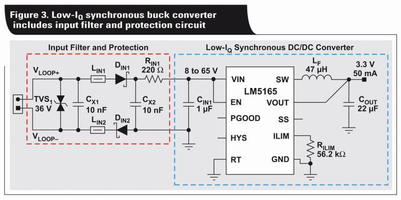 Bild 3: Synchroner Buck-Wandler mit geringer Ruhestromaufnahme, ausgestattet mit Eingangsfilter und Schutzschaltung.  (Bild: Bild: Texas Instruments)