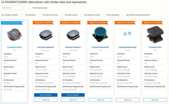 Bild 3: Beispiel für eine Suche nach äquivalenten Produkten auf der Website von Sourcingbot anhand einer Spule. (Bild:  Sourcingbot)