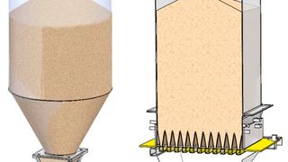 Konventionelles Rundsilo mit Zellenrad-schleuse (links) und Rechtecksilo mit ganzflächiger Austrageinrichtung (rechts) (Bild: ATP)