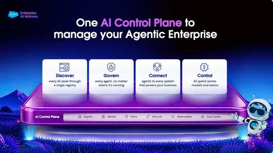 Die AI Control Plane des Enterprise AI Harness soll KI-Agenten zentral auffindbar, vernetzbar und steuerbar machen sowie ihre Aktivitäten, Sicherheit und ihren geschäftlichen Nutzen überwachen.(Bild:  Salesforce)
