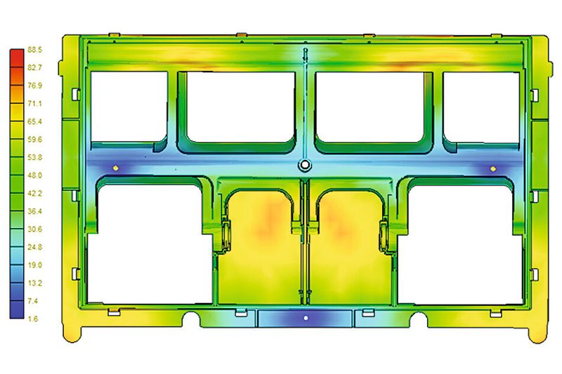 Shown is the automatic identification of optimal gate locations based on the component geometry. Reduction of the validation time and the elimination of unwanted filling problems, such as short shots or welding lines. (Source: Simpatec)