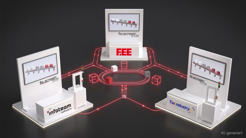 Drei Messestände, ein Simulationsmodell: F.EE, die infoteam Software AG und Twindustry arbeiten auf der  SPS 2026 gleichzeitig an derselben virtuellen Anlage. (Bild:  F.EE GmbH - KI-generiert.)
