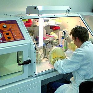 2	 An diesem Arbeitsplatz gibt es keinen Sauerstoff. Er wird deshalb bei Jennewein Biotechnologie in Rheinbreitbach die „Anaerobierbank“ genannt. (Bilder: Jennewein)