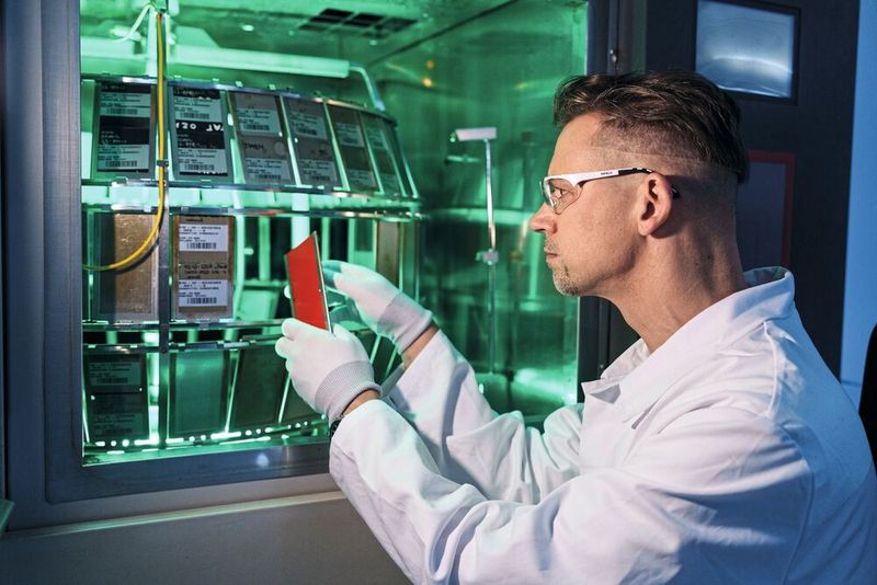 Bei der Anwendung im Luftverkehr sind Außenflächen unter anderem starken UV-Strahlungen sowie Temperatur- und Druckschwankungen in großen Höhen ausgesetzt. BASF-Mitarbeiter Dirk Schmelter prüft mittels einer künstlichen Sonne die Auswirkung von UV-Strahlungen auf den Riblet-Film. (Bild: BASF)