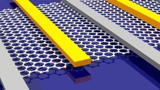 Graphen besteht nur aus einer Atomlage Kohlenstoff in einer Honigwaben-Anordnung (im Bild mit zusätzlichen Elektroden auf der Oberseite). Durch die Kombination und leichte Verschiebung mehrerer Lagen, erzeugten MIT-Forscher nun eine Bandlücke in dem Material. (IBM) (Archiv: Vogel Business Media)