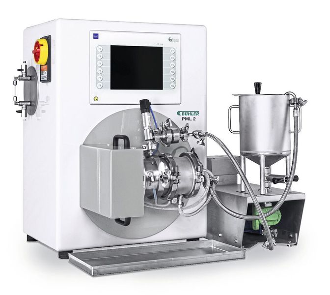 Die Rührwerkskugelmühle PML 2 von Bühler zum Zerkleinern und Dispergieren von vorzerkleinerten Komponenten dünnflüssiger Suspensionen (Bild: Bühler AG CH-9240 Uzwil)