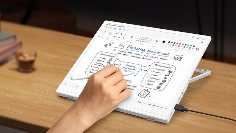 Ein Monitor der besonderen Art ist der tragbare Acer EP130K mit ePaper-Panel und Touch sowie Stifterkennung. Er liefert eine  Schwarz-Weiß-Auflösung von 3.200 × 2.400 Pixel. Im Farbmodus sinkt die Auflösung auf 1.600 × 1.200 Pixel.  (Bild: Acer)