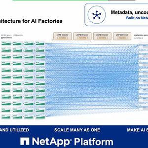 Die Architektur von Netapp Novus ist für Hochleistung im Exabyte-Bereich ausgelegt. Links sind die GPU-Clients angeordnet, rechts die Metadaten-Server. Dazwischen agiert parallelisiertes NFS-Protokoll mit Netapp pNFS-Director.  (Bild: Netapp/Matzer)